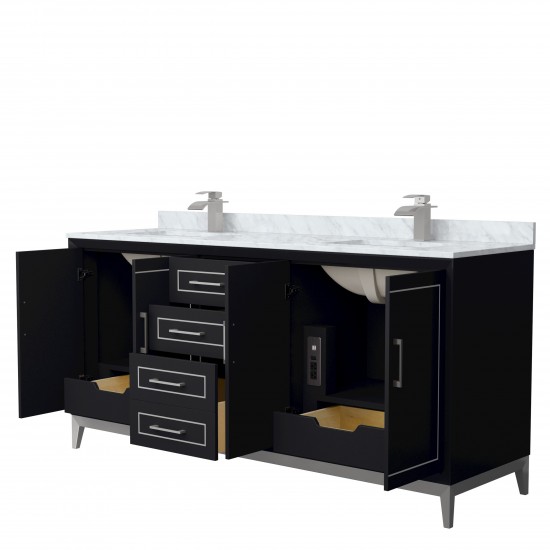 Marlena 72 " Black Double Vanity, White Carrara Marble Top, Sinks, Nickel Trim