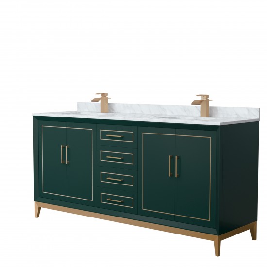 Marlena 72 " Green Double Vanity, White Carrara Marble Top, Sinks, Bronze Trim