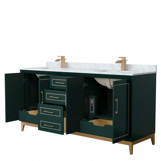 Marlena 72 " Green Double Vanity, White Carrara Marble Top, Sinks, Bronze Trim