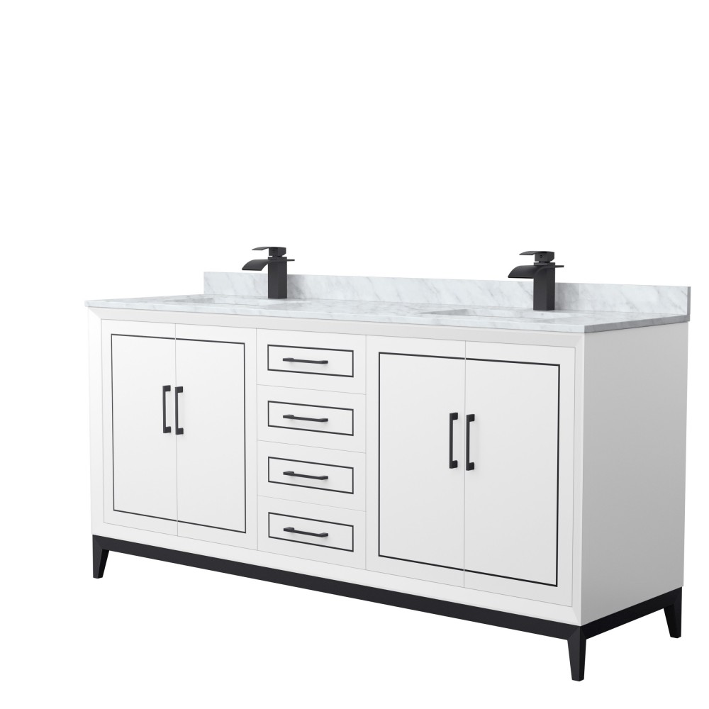 Marlena 72 " Double Vanity in White, White Carrara Marble Top, Sinks, Black Trim