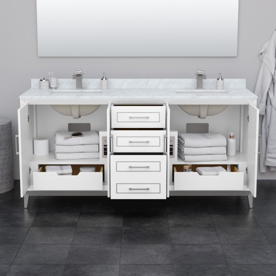 Marlena 72 " Double Vanity in White, White Carrara Marble Top, Sinks, Black Trim