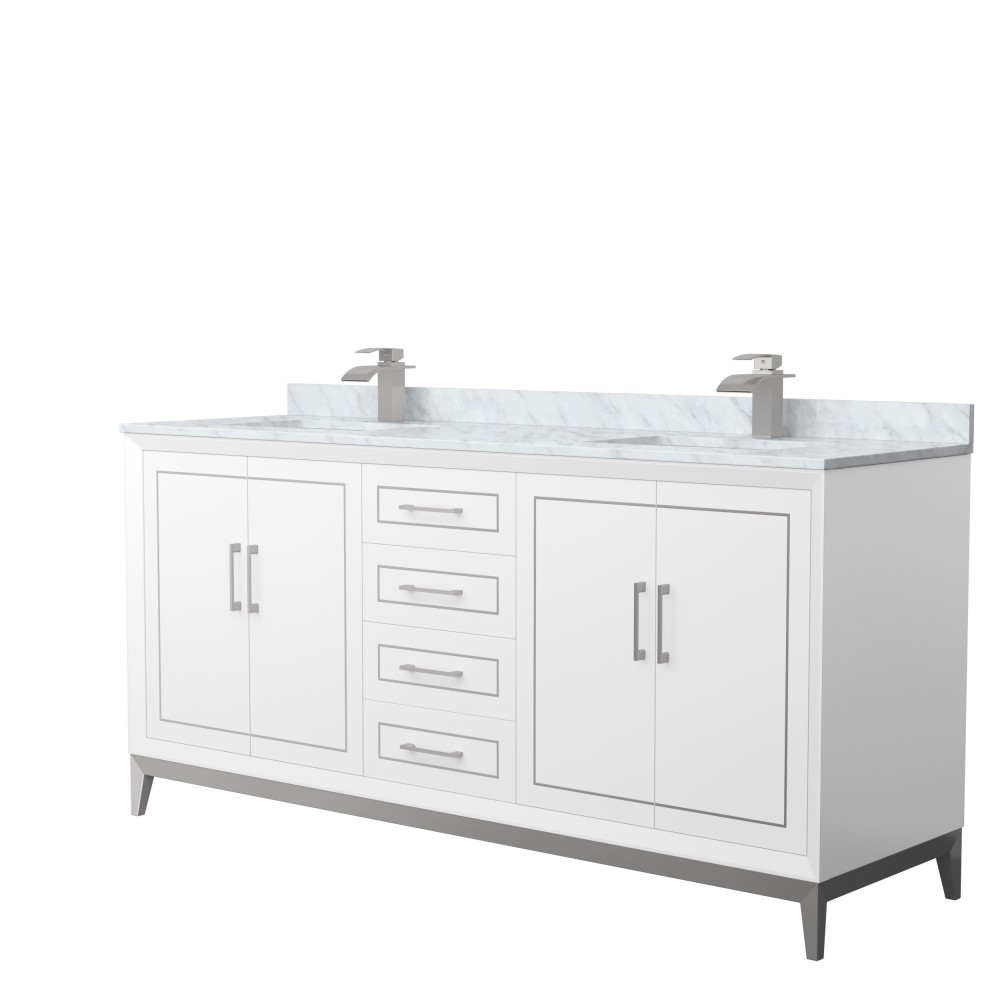 Marlena 72 " White Double Vanity, White Carrara Marble Top, Sinks, Nickel Trim