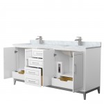 Marlena 72 " White Double Vanity, White Carrara Marble Top, Sinks, Nickel Trim