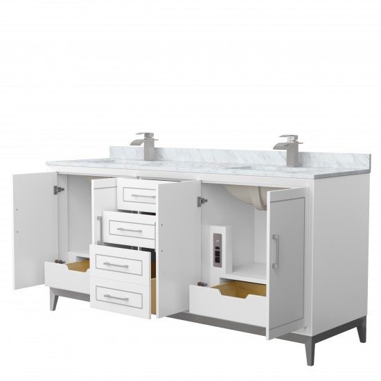 Marlena 72 " White Double Vanity, White Carrara Marble Top, Sinks, Nickel Trim