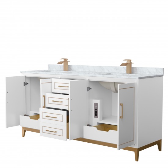 Marlena 72 " White Double Vanity, White Carrara Marble Top, Sinks, Bronze Trim