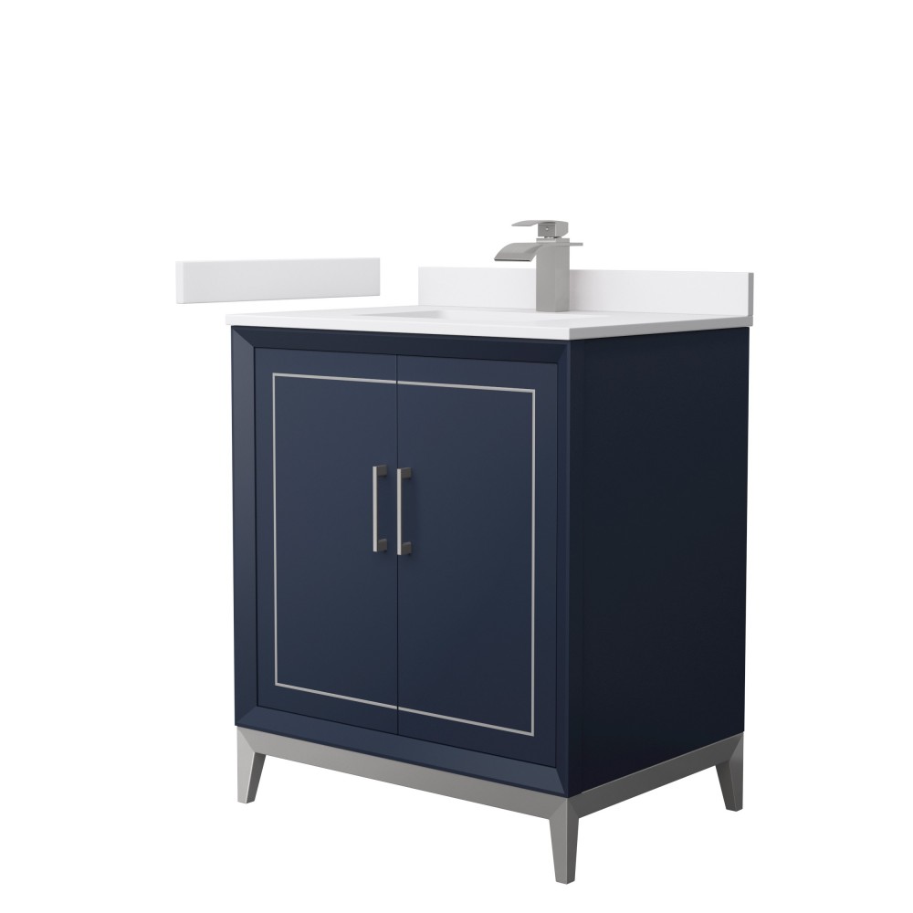 Marlena 30 " Single Vanity in Dark Blue, White Marble Top, Sink, Nickel Trim