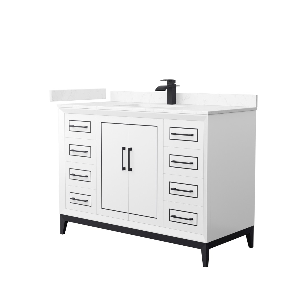 Marlena 48 " Single Vanity in White, Carrara Marble Top, Sink, Black Trim