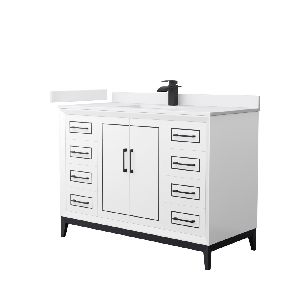 Marlena 48 " Single Vanity in White, White Marble Top, Sink, Black Trim