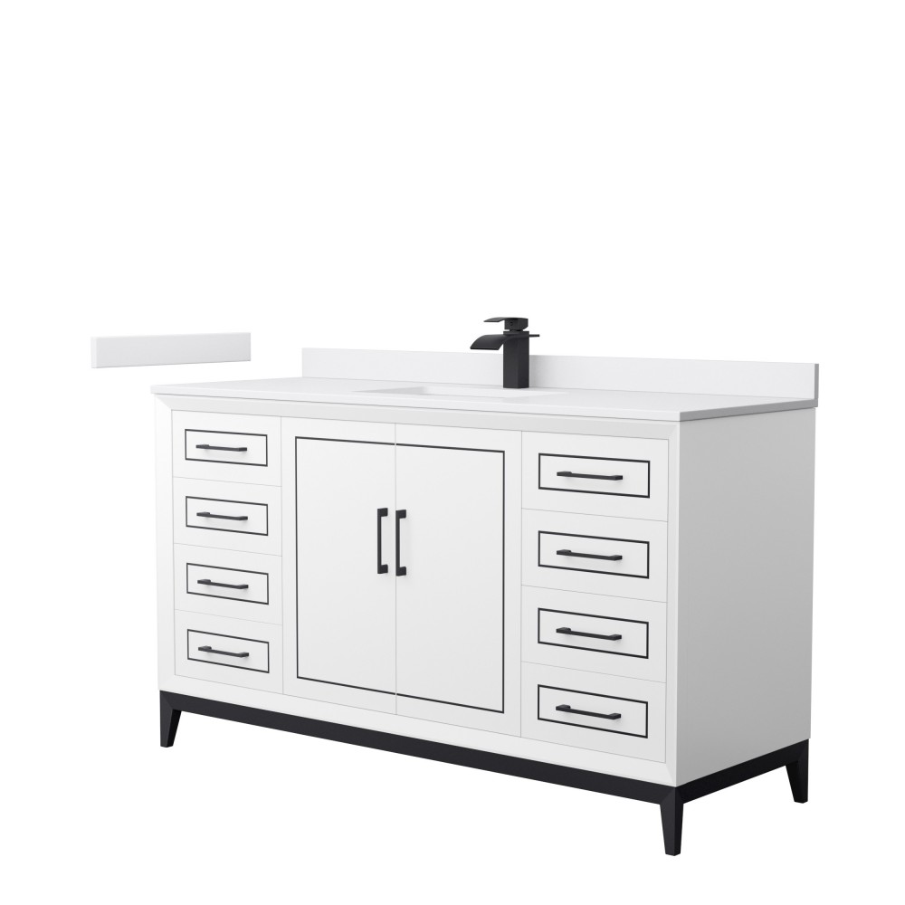 Marlena 60 " Single Vanity in White, White Marble Top, Sink, Black Trim