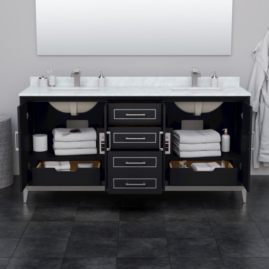Marlena 72 " Double Vanity in Black, Carrara Marble Top, Sinks, Nickel Trim