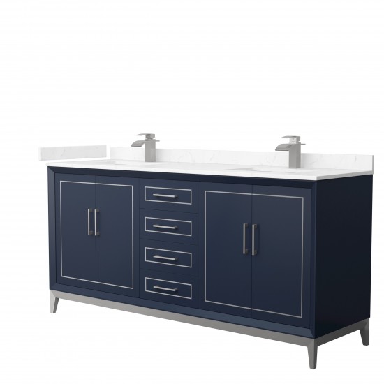 Marlena 72 " Double Vanity in Dark Blue, Carrara Marble Top, Sinks, Nickel Trim