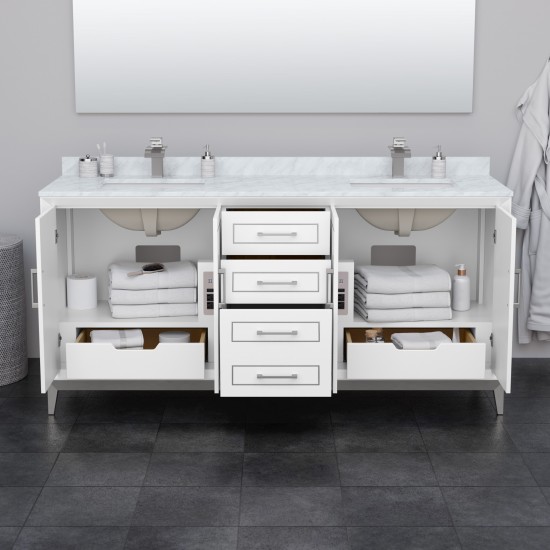 Marlena 72 " Double Vanity in White, Carrara Marble Top, Sinks, Black Trim