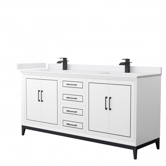 Marlena 72 " Double Vanity in White, White Marble Top, Sinks, Black Trim