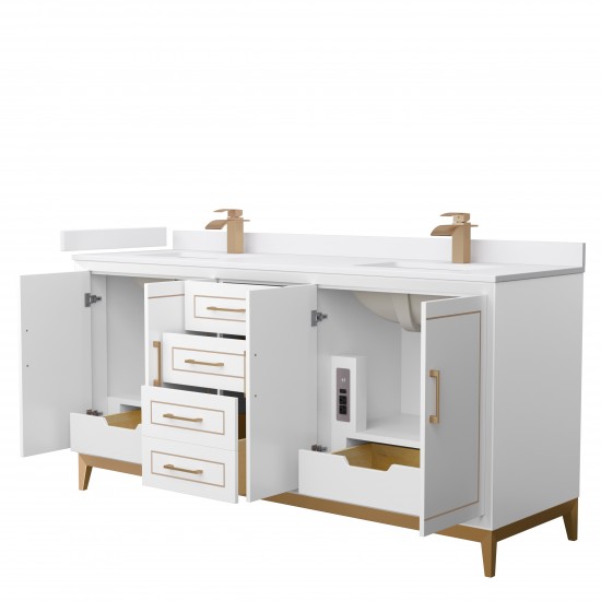 Marlena 72 " Double Vanity in White, White Marble Top, Sinks, Bronze Trim