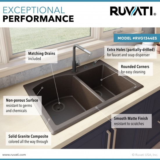 Ruvati 33 x 22 inch Dual Mount Kitchen Sink - Espresso / Coffee Brown