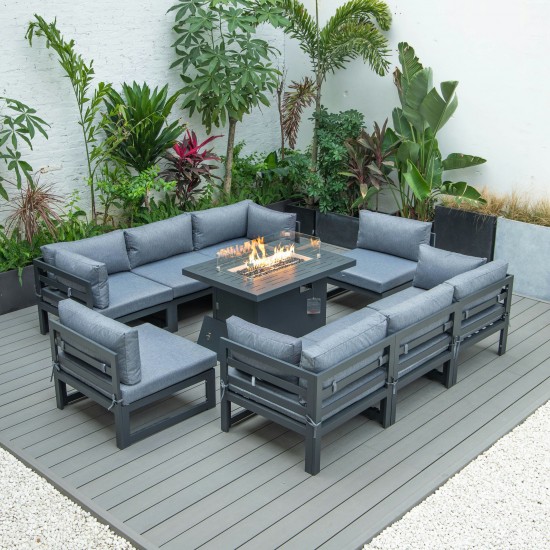 LeisureMod Chelsea Patio Sectional & Fire Pit Table & Cushions, Blue