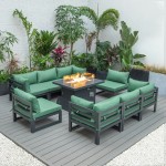 LeisureMod Chelsea Patio Sectional & Fire Pit Table & Cushions, Green