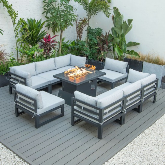 LeisureMod Chelsea Patio Sectional & Fire Pit Table & Cushions, Light Gray