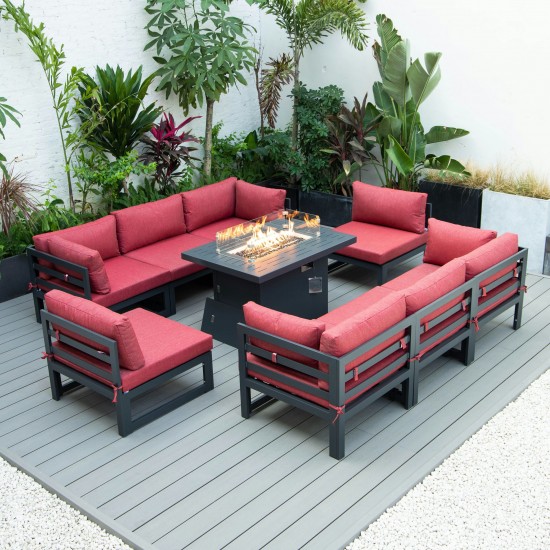 LeisureMod Chelsea Patio Sectional & Fire Pit Table & Cushions, Red