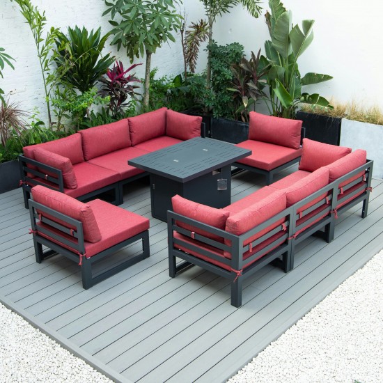 LeisureMod Chelsea Patio Sectional & Fire Pit Table & Cushions, Red
