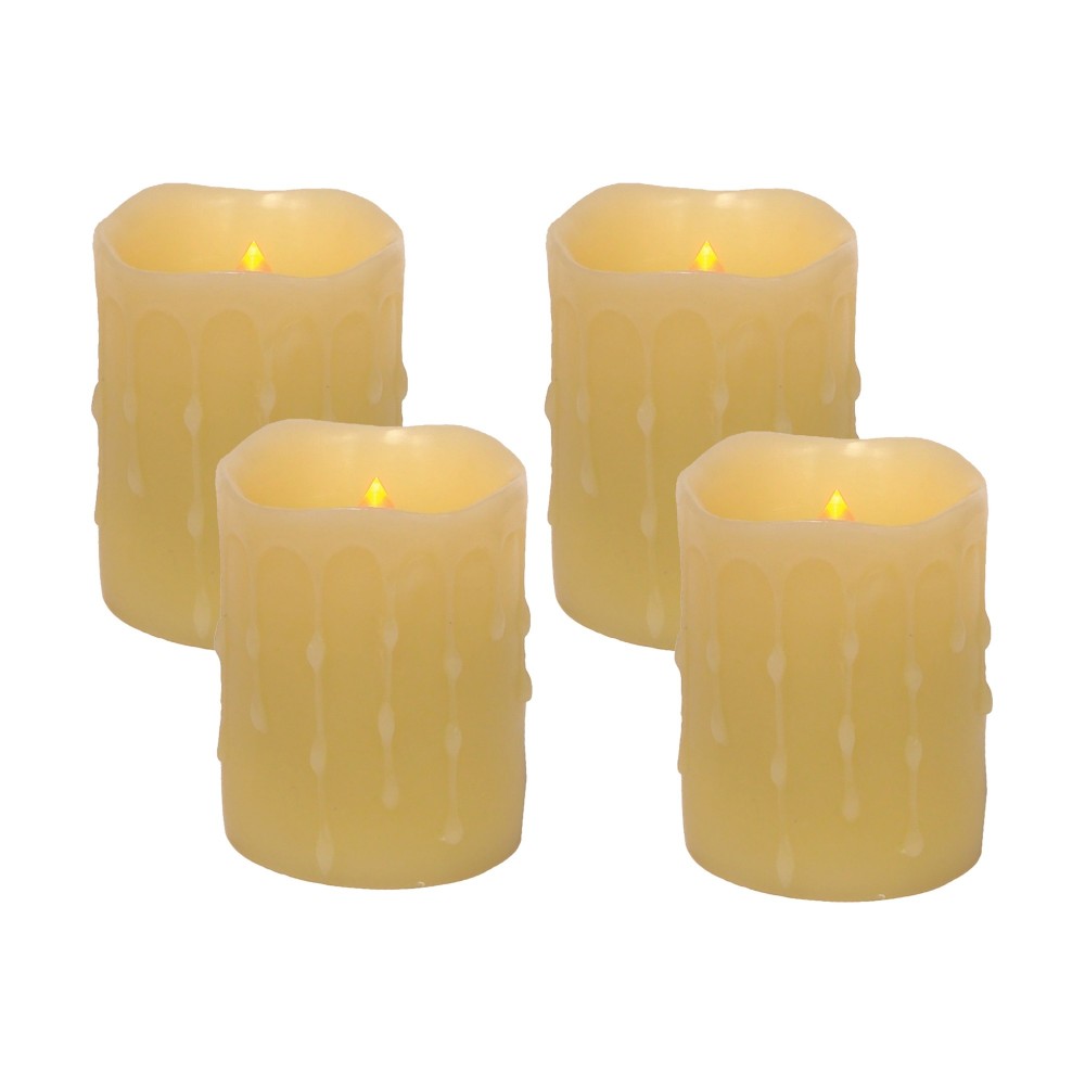 Led Wax Dripping Pillar Candle (Set Of 4) 3"Dx4"H Wax/Plastic, Yellow