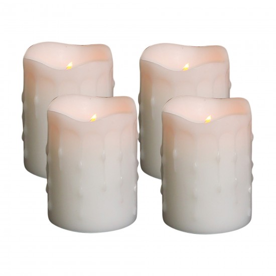 Led Wax Dripping Pillar Candle (Set Of 4) 3"Dx4"H Wax/Plastic, White