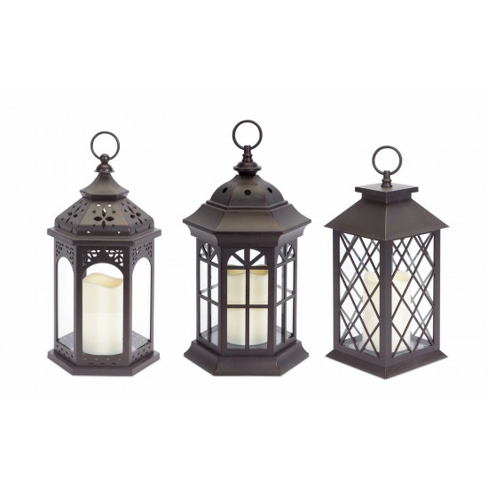 Lanterns W/Led Candle (Set Of 3) W/6 Hour Timer 13"H Plastic/Glass