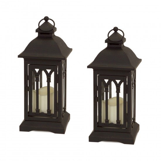 Lantern W/3"X3" Led Candle (Set Of 2) 12.25"H Iron/Glass/Plastic, Black