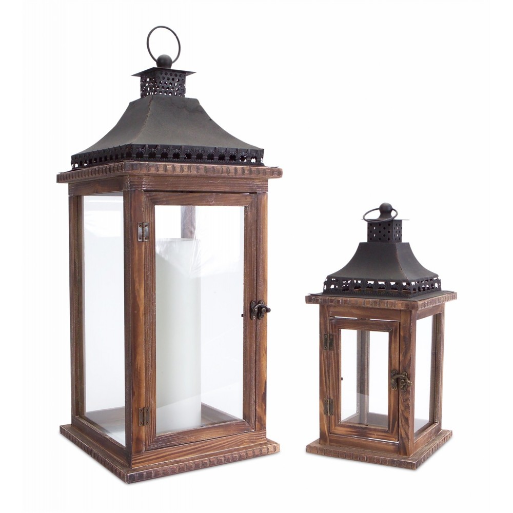 Lantern (Set Of 2) 14.25"H, 23.5"H Wood/Iron/Glass Lantern (Set Of 2) 14.25"H, 23.5"H Wood/Iron/Glass