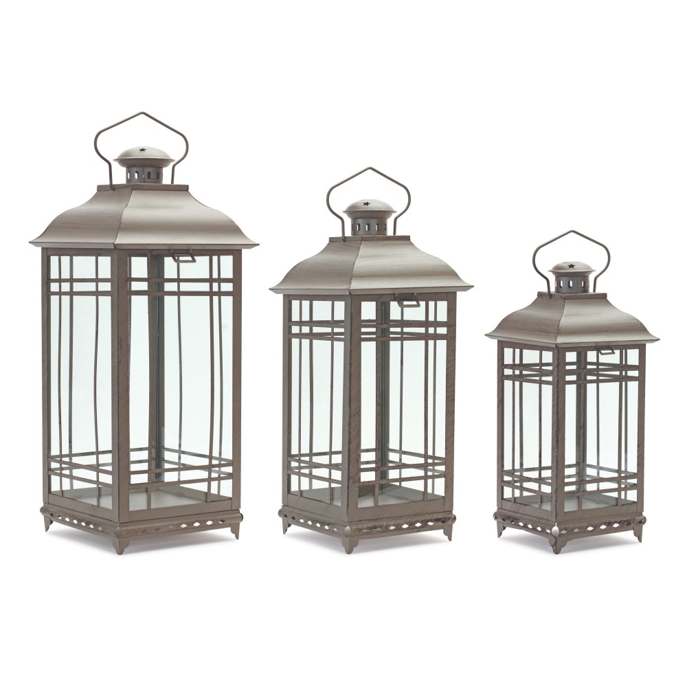 Lantern (Set Of 3) 14"H, 17"H, 20"H Metal/Glass, Brown Lantern (Set Of 3) 14"H, 17"H, 20"H Metal/Glass, Brown