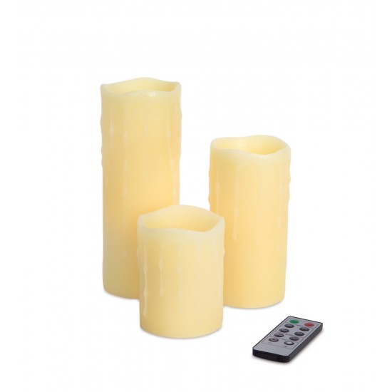 Led Remote Dripping Candles (Set Of 3) 3"Dx4"H,6"H,8"H Wax/Plastic
