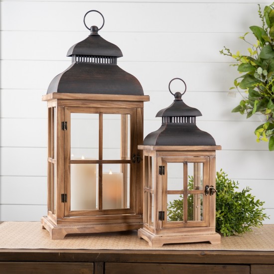 Lantern (Set Of 2) 15.5"-23"H Wood/Metal