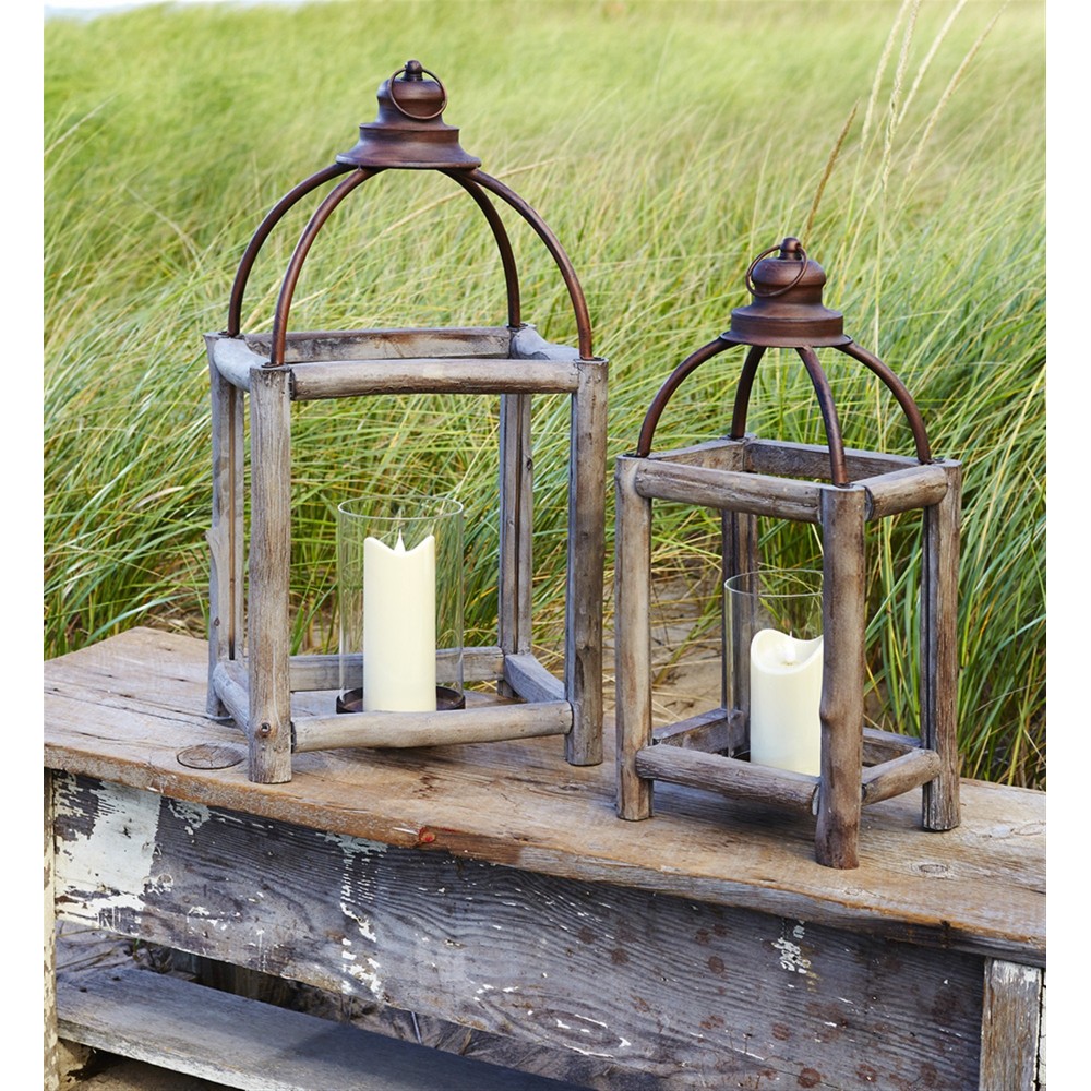 Lanterns (Set Of 2) 20.5"H, 26"H Wood/Metal/Glass Lanterns (Set Of 2) 20.5"H, 26"H Wood/Metal/Glass