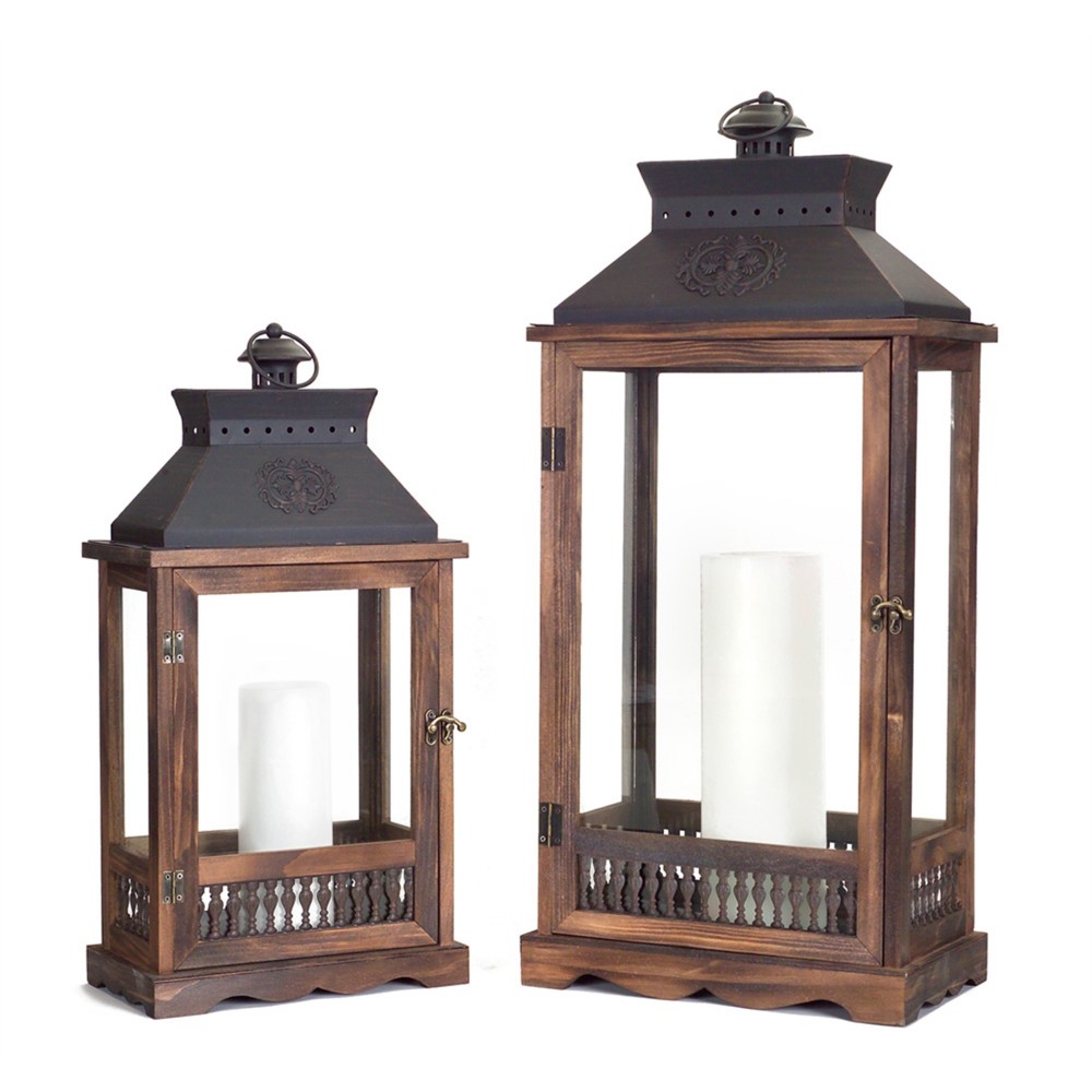 Lanterns (Set Of 2) 21"H, 27.5"H Wood/Metal/Glass