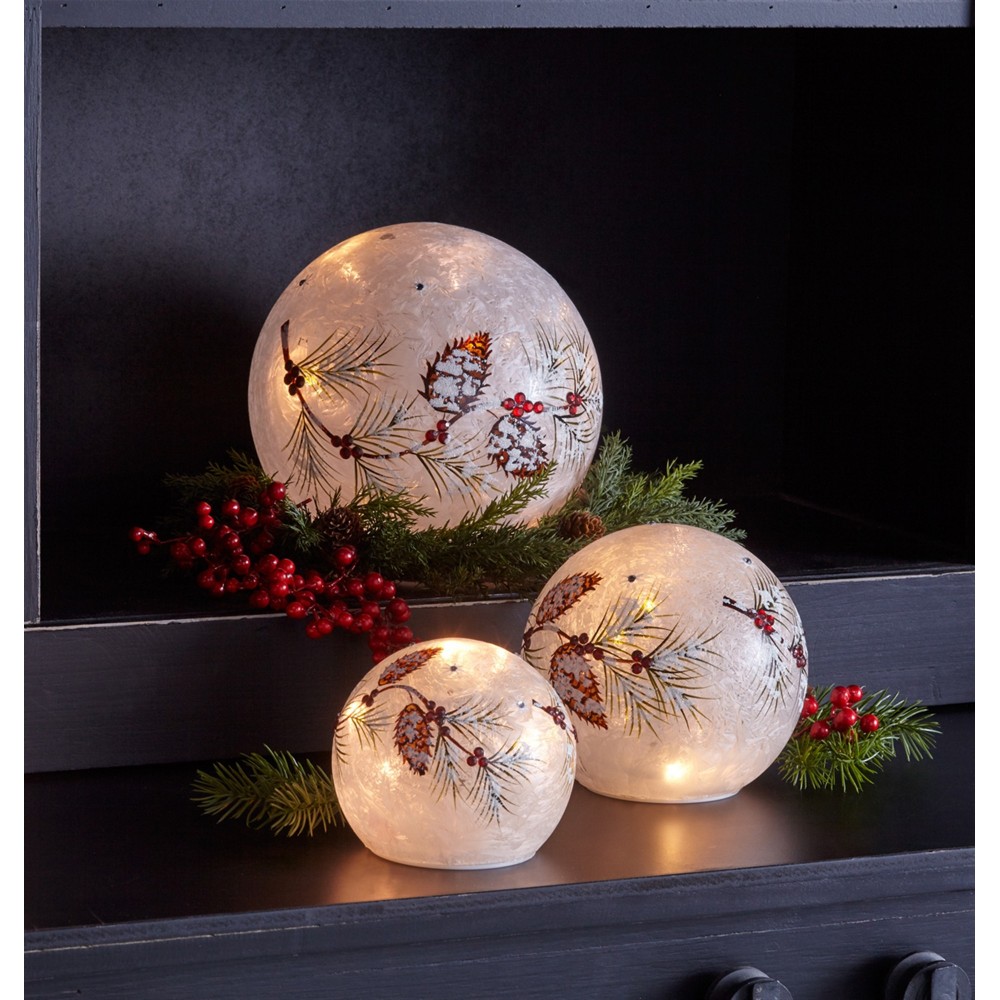 Led Pinecone/Berry Globes W/6 Hr Timer (Set Of 3) 4"-8"D Glass