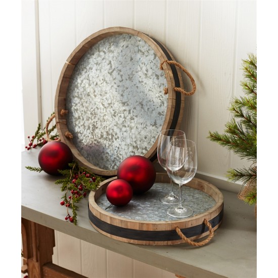 Wine Barrel Tray (Set Of 2) 15.5", 19.75"D Wood/Metal