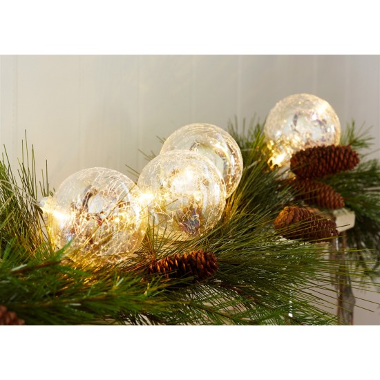 3.5" Ball Ornaments (Set Of 2 ) W/Led Light String 4.5'L Glass