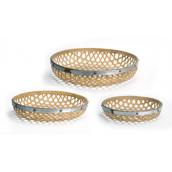 Round Woven Tray (Set Of 3) 17"D, 20"D, 23.5"D Bamboo/Metal