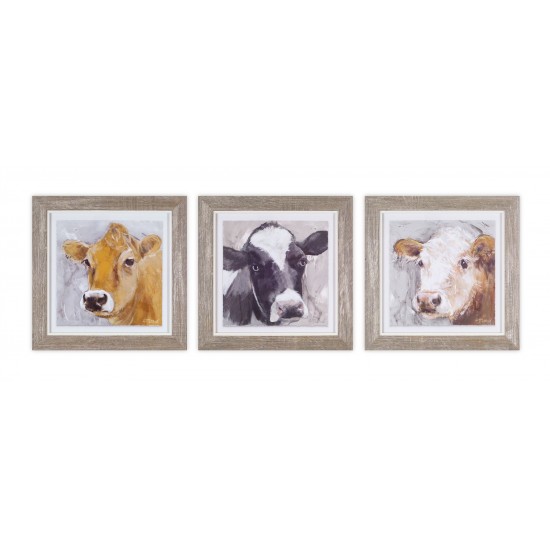 Framed Cow Print (Set Of 3) 10"H Wood/Glass