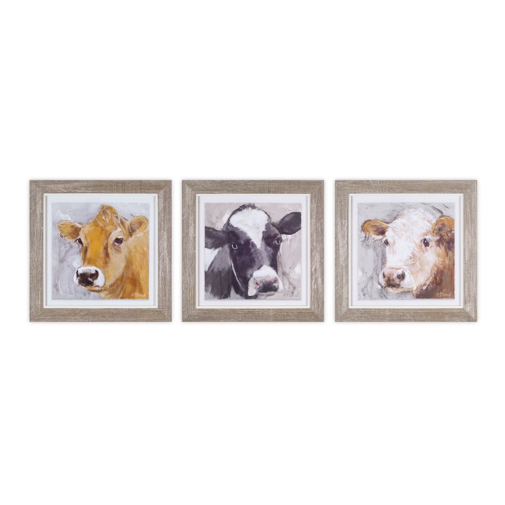 Framed Cow Print (Set Of 3) 10"H Wood/Glass