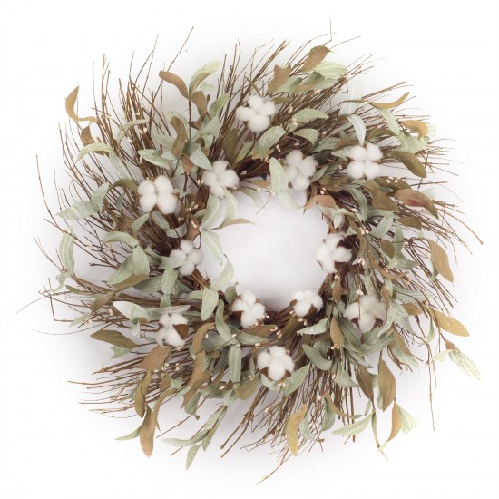 Cotton/Leaf Wreath 28"D Eva