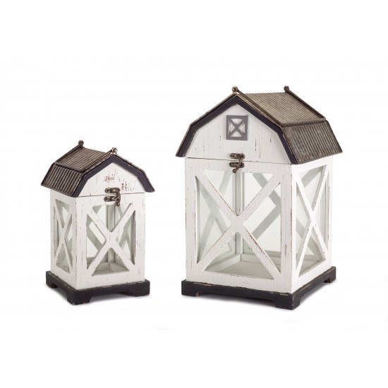 Barn Lantern (Set Of 2) 10.5"H, 14.5"H Wood