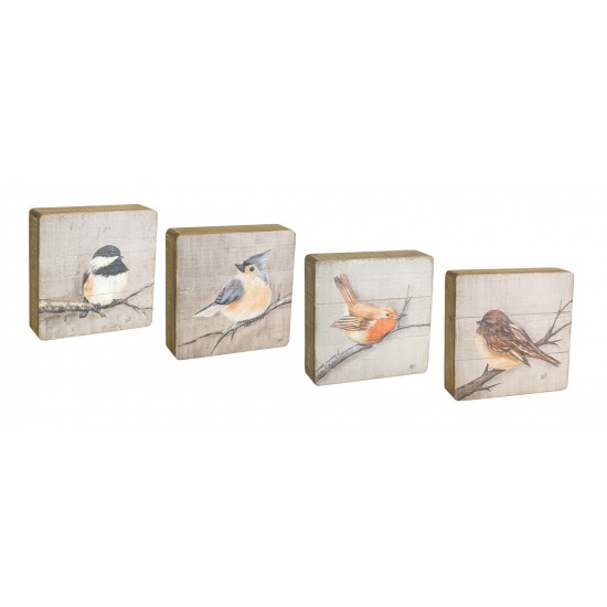 Bird Plaque (Set Of 4) 8"H Wood