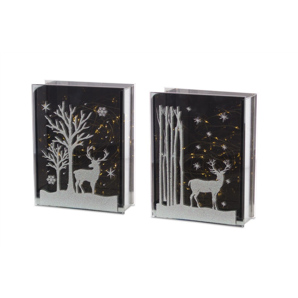 Deer And Tree Table Piece With Timer (Set Of 2) 7"H Glass