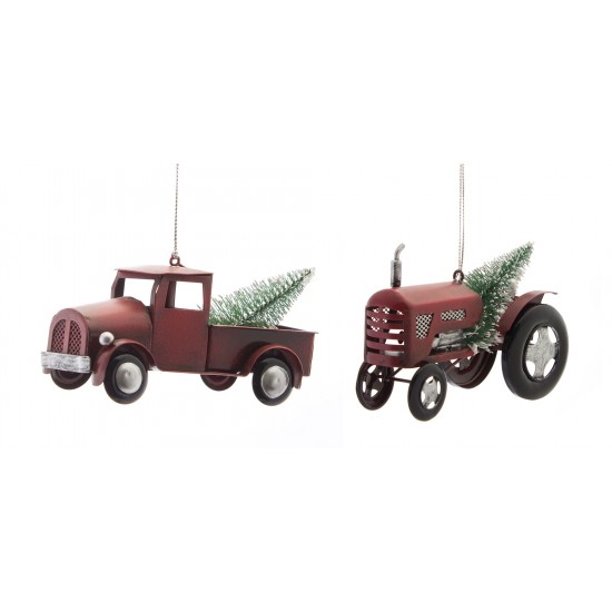 Truck And Tractor Ornament (Set Of 6) 5"L, 4.75"L Metal