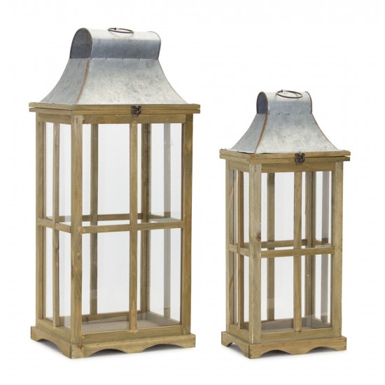 Lantern (Set Of 2) 24"H, 29.5"H Glass/Wood/Zinc