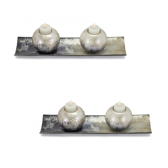 Votive Holder With Tray (Set Of 2) 14" x 3.5"H Glass/Ceramic