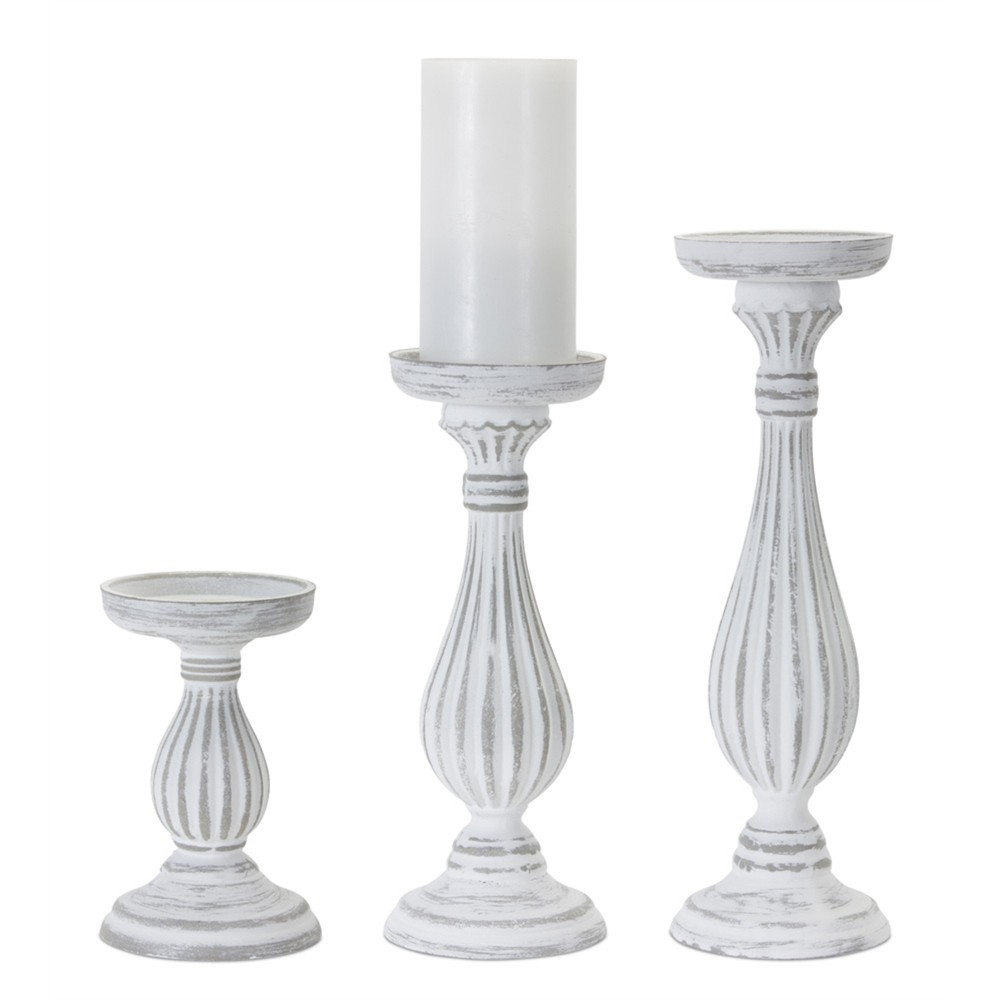 Candle Holder (Set Of 3) 7"H, 11.25"H, 13.5"H Wood/Resin, White, Grey