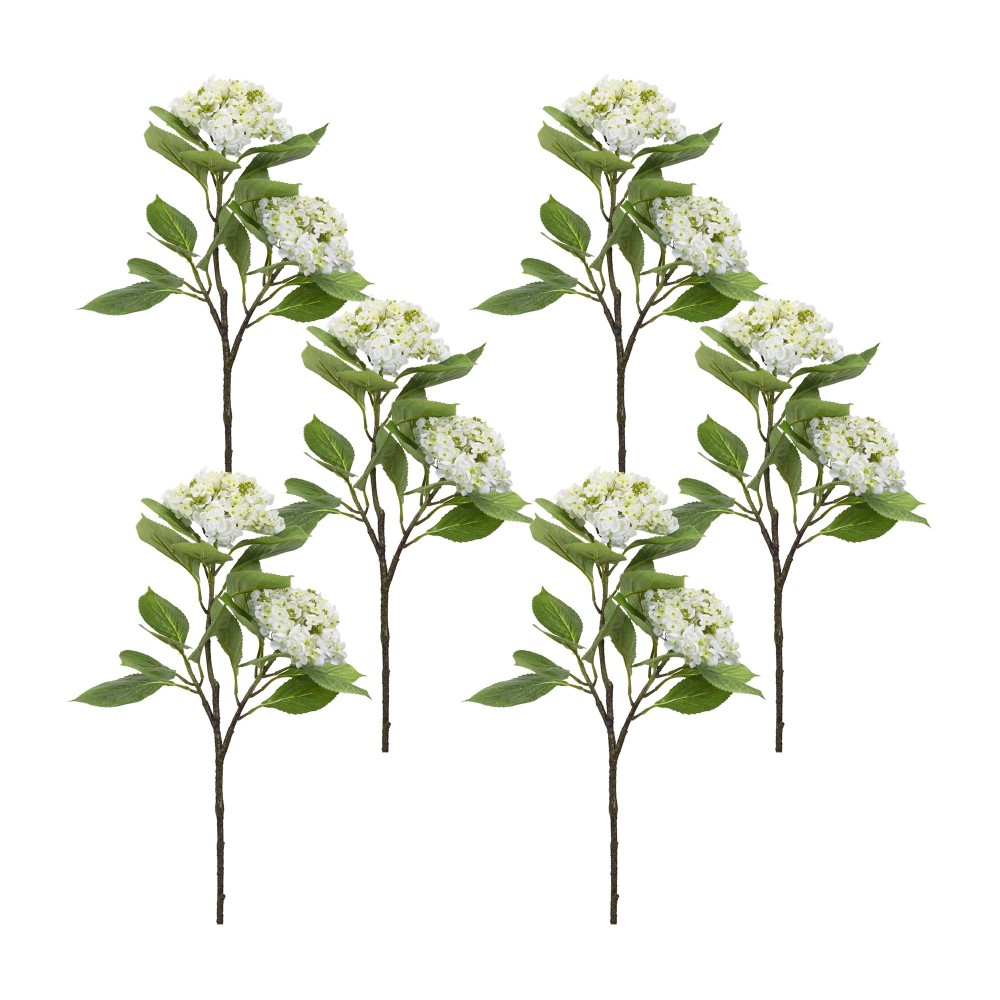 Hydrangea Branch (Set Of 6) 32"H Polyester, White, Green, Brown