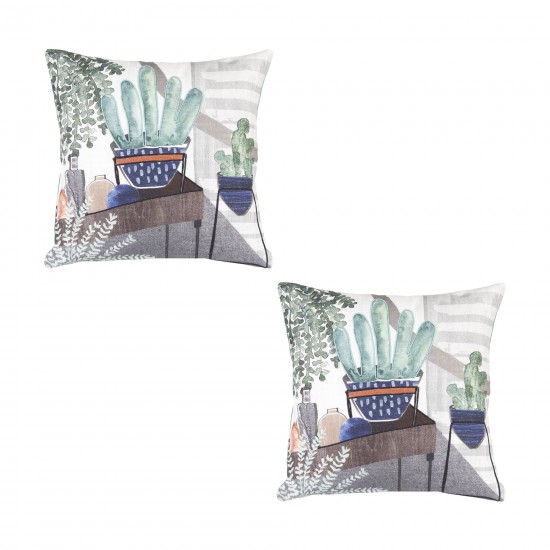 Pillow (Set Of 2) 15" Cotton, Green, Grey, Blue